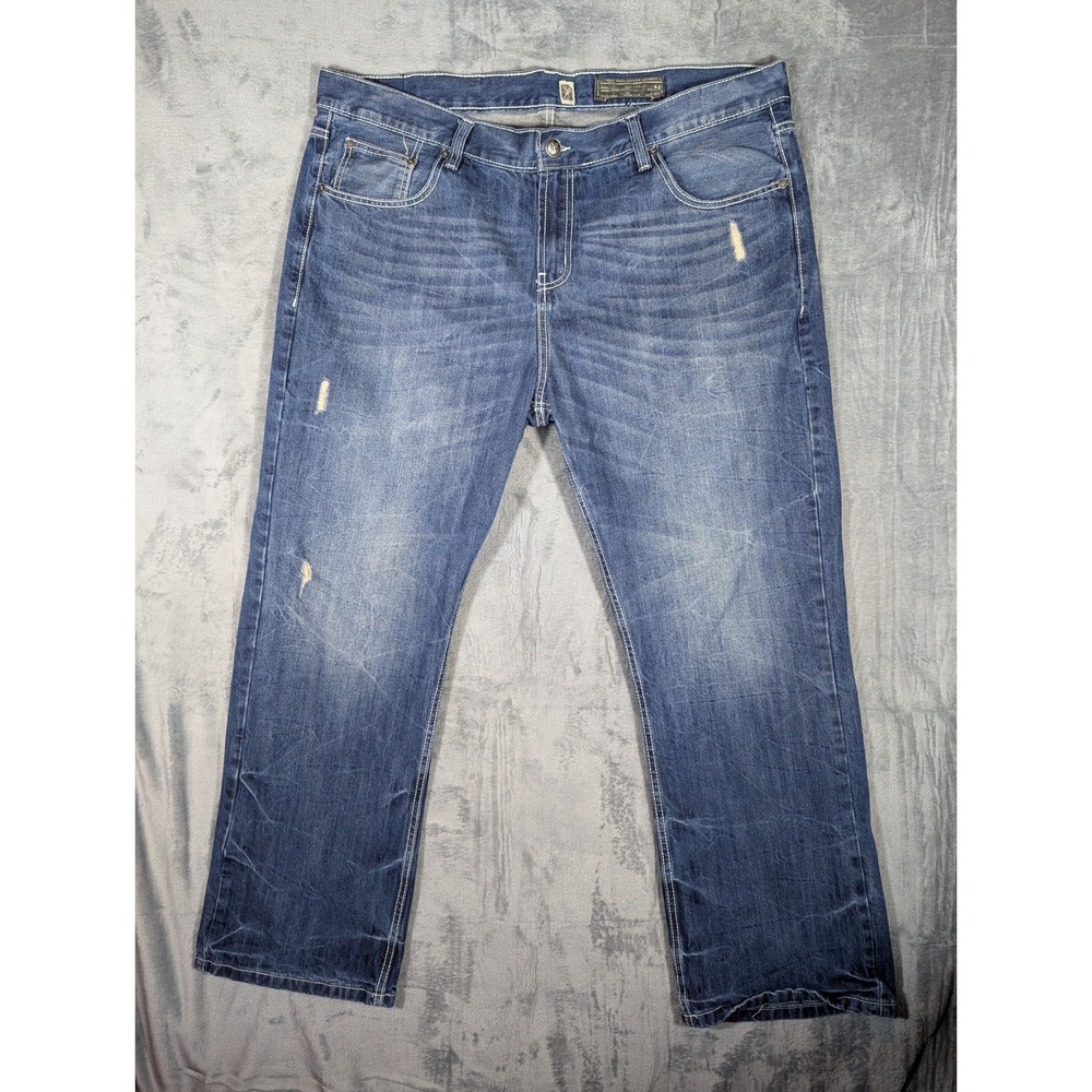 Marc Ecko Cut & Sew Men's 42x32 Relaxed Straight Leg Distressed Blue Denim Jeans